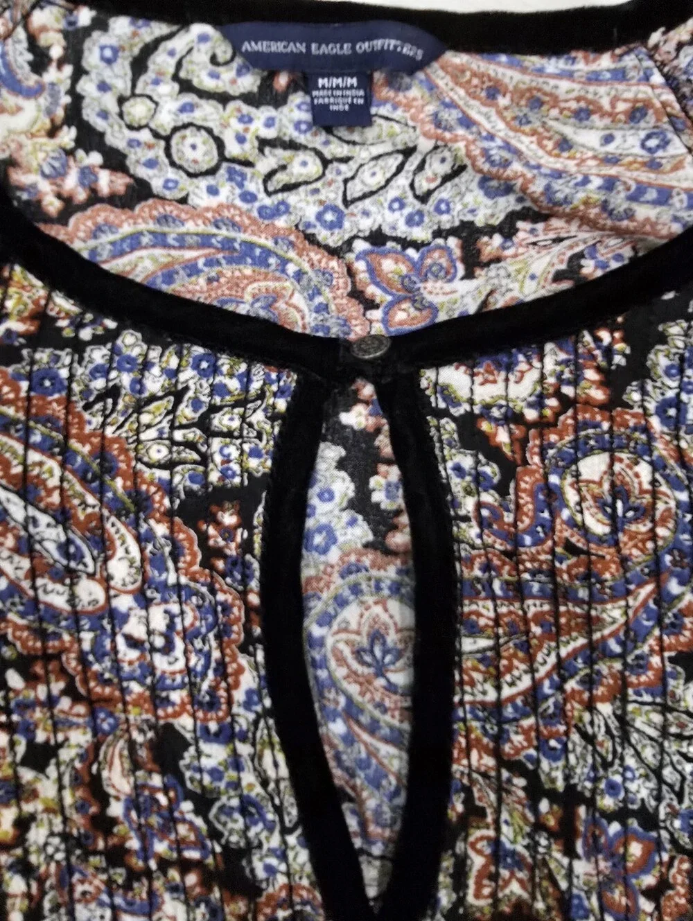 American Eagle Boho Paisley Velvet-Trim Mini Dress Bell Sleeves Size M